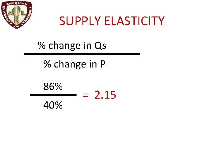 SUPPLY ELASTICITY % change in Qs % change in P 86% 40% = 2.