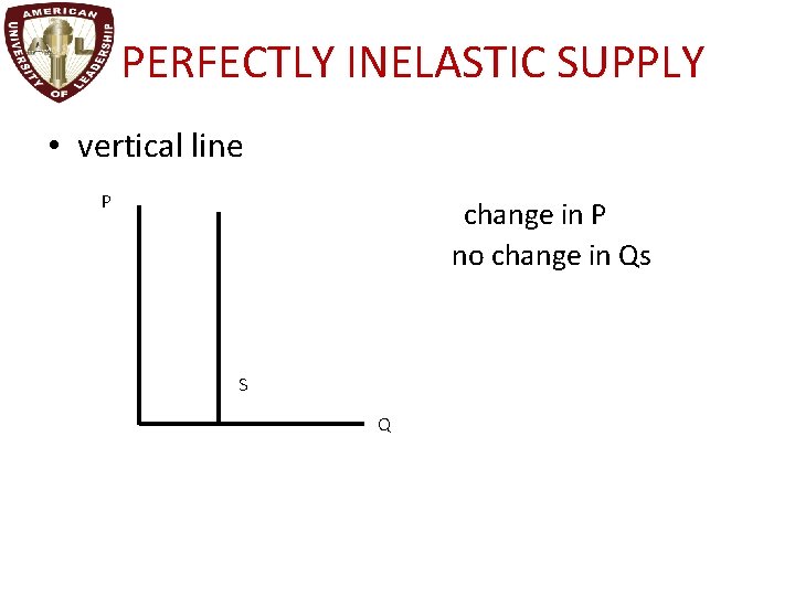 PERFECTLY INELASTIC SUPPLY • vertical line P change in P no change in Qs