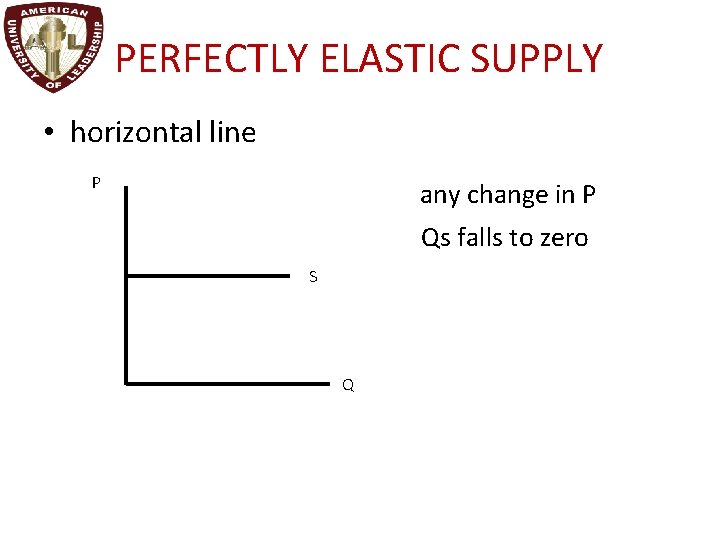 PERFECTLY ELASTIC SUPPLY • horizontal line P any change in P Qs falls to