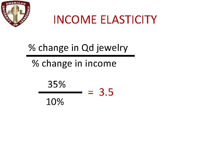 INCOME ELASTICITY % change in Qd jewelry % change in income 35% 10% =