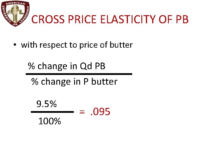 CROSS PRICE ELASTICITY OF PB • with respect to price of butter % change