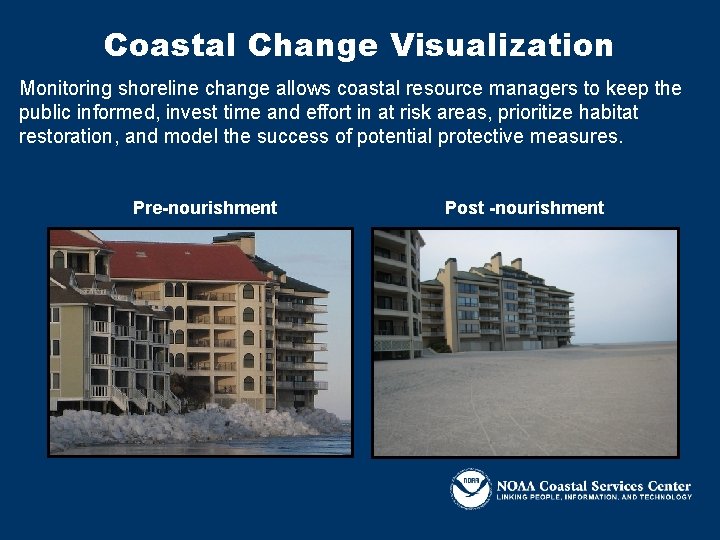Coastal Change Visualization Monitoring shoreline change allows coastal resource managers to keep the public