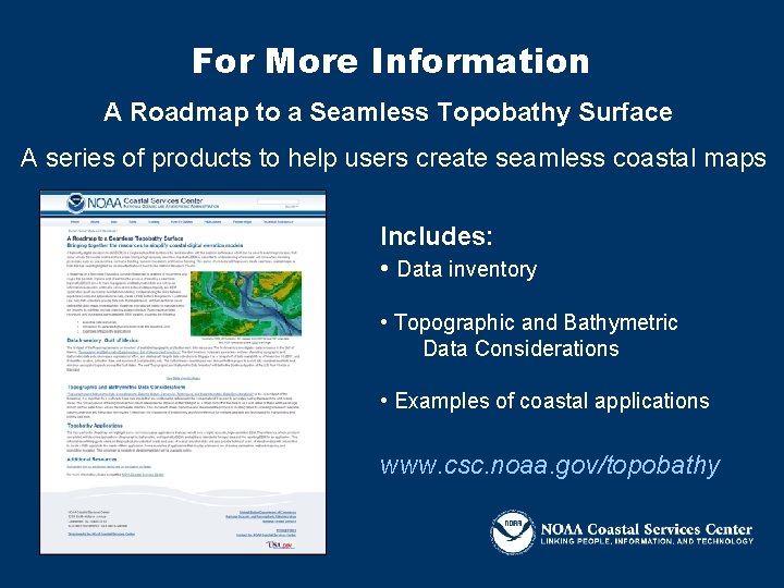 For More Information A Roadmap to a Seamless Topobathy Surface A series of products