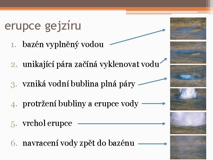 erupce gejzíru 1. bazén vyplněný vodou 2. unikající pára začíná vyklenovat vodu 3. vzniká