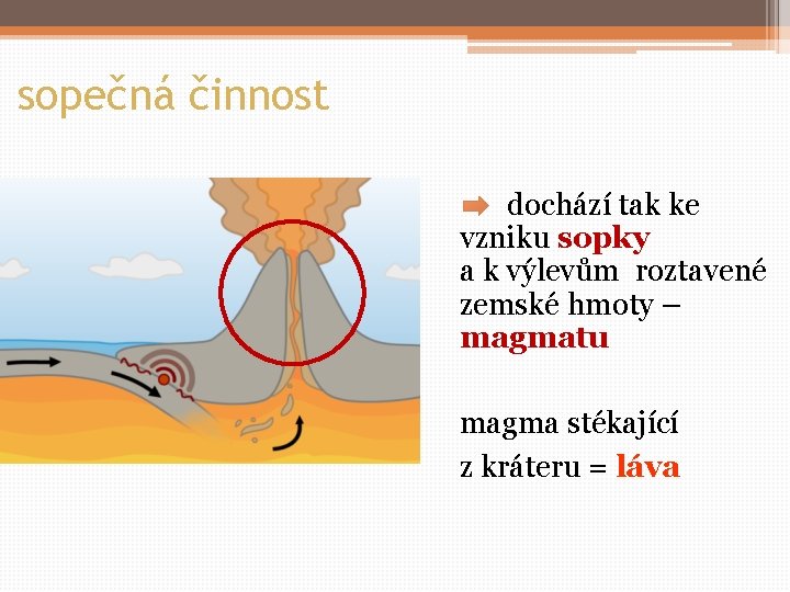 sopečná činnost dochází tak ke vzniku sopky a k výlevům roztavené zemské hmoty –