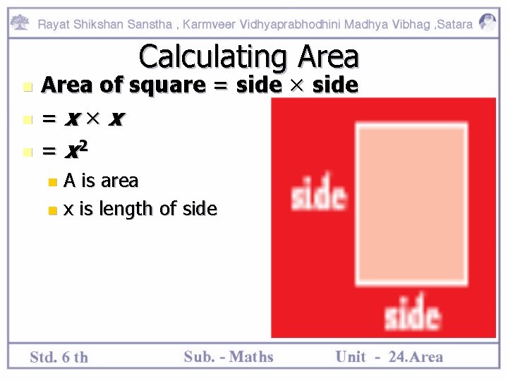 Calculating Area n n n Area of square = side × side =x×x =