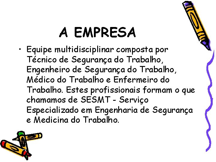 A EMPRESA • Equipe multidisciplinar composta por Técnico de Segurança do Trabalho, Engenheiro de