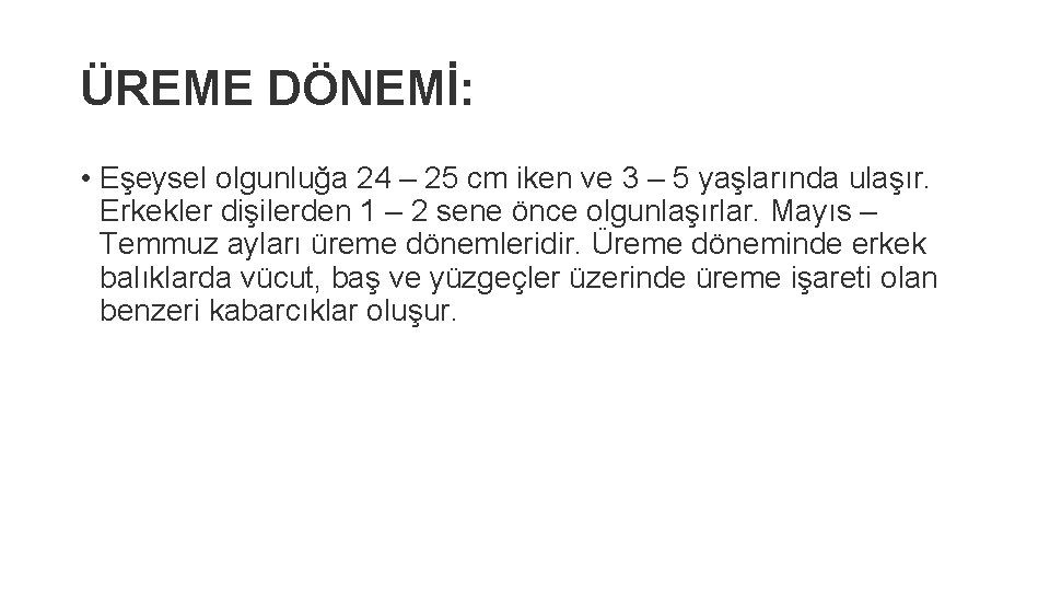 ÜREME DÖNEMİ: • Eşeysel olgunluğa 24 – 25 cm iken ve 3 – 5