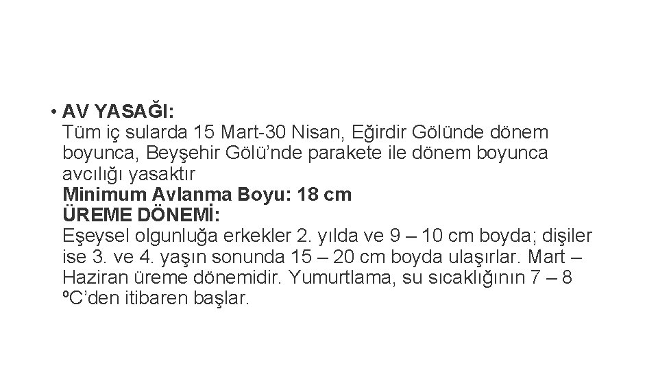  • AV YASAĞI: Tüm iç sularda 15 Mart-30 Nisan, Eğirdir Gölünde dönem boyunca,