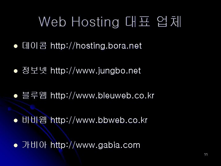 Web Hosting 대표 업체 l 데이콤 http: //hosting. bora. net l 정보넷 http: //www.