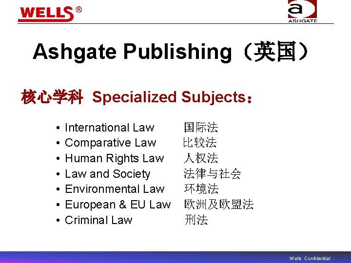 Ashgate Publishing（英国） 核心学科 Specialized Subjects： • • International Law 国际法 Comparative Law 比较法 Human