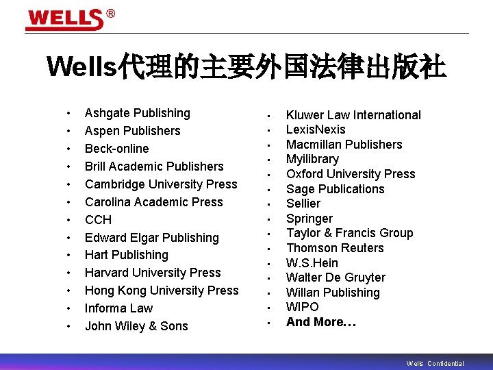Wells代理的主要外国法律出版社 • • • • Ashgate Publishing Aspen Publishers Beck-online Brill Academic Publishers Cambridge