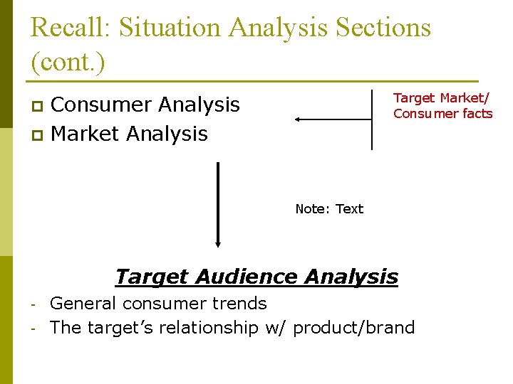 Recall: Situation Analysis Sections (cont. ) Target Market/ Consumer facts Consumer Analysis p Market