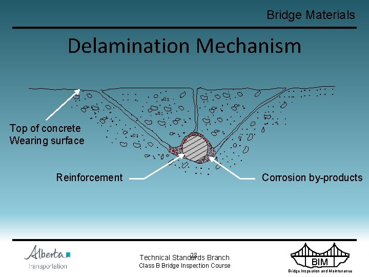 Bridge Materials Delamination Mechanism Top of concrete Wearing surface Reinforcement Corrosion by-products 28 Branch
