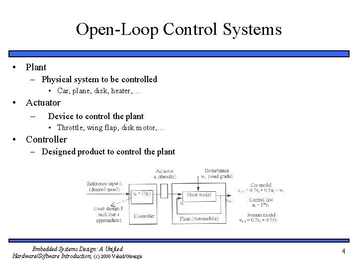 Open-Loop Control Systems • Plant – Physical system to be controlled • Car, plane,