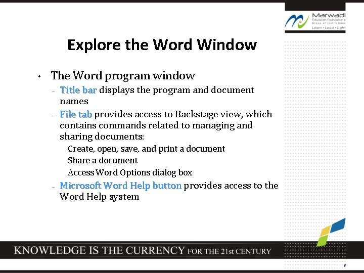 Explore the Word Window • The Word program window Title bar displays the program
