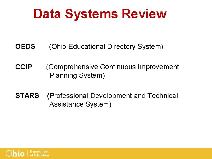 Data Systems Review OEDS (Ohio Educational Directory System) CCIP (Comprehensive Continuous Improvement Planning System)