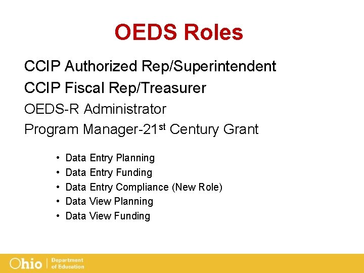 OEDS Roles CCIP Authorized Rep/Superintendent CCIP Fiscal Rep/Treasurer OEDS-R Administrator Program Manager-21 st Century