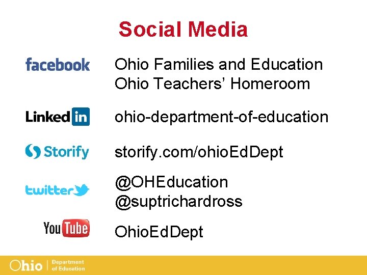 Social Media Ohio Families and Education Ohio Teachers’ Homeroom ohio-department-of-education storify. com/ohio. Ed. Dept