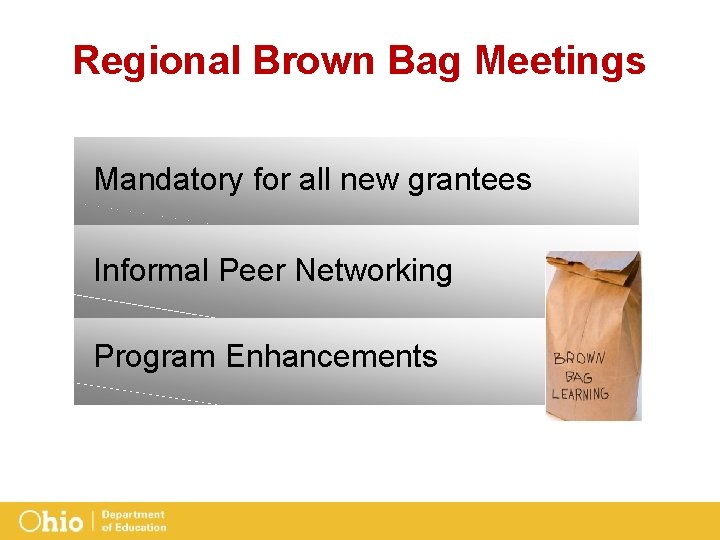 Regional Brown Bag Meetings Mandatory for all new grantees Informal Peer Networking Program Enhancements