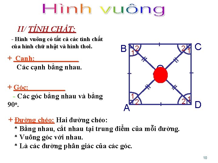 II/ TÍNH CHẤT: - Hình vuông có tất cả các tính chất của hình