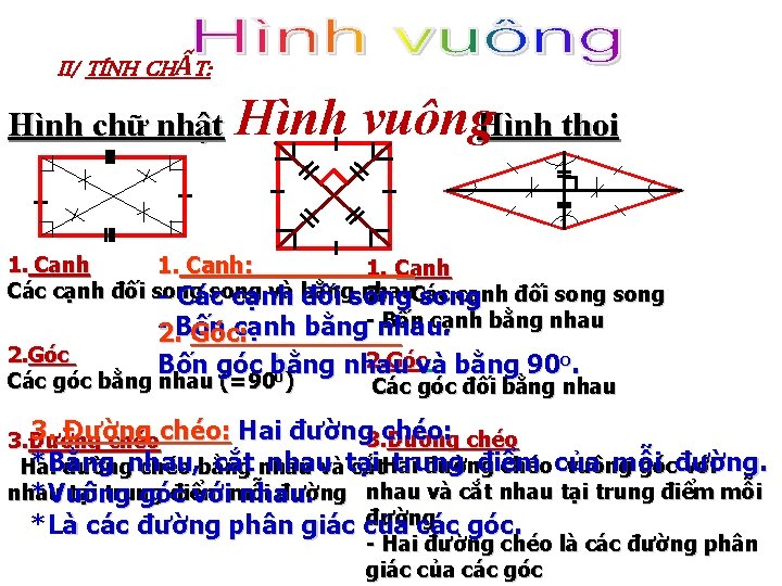 II/ TÍNH CHẤT: Hình chữ nhật Hình vuông. Hình thoi 1. Cạnh: 1. Cạnh