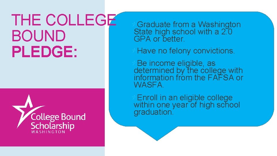 THE COLLEGE BOUND PLEDGE: Graduate from a Washington State high school with a 2.