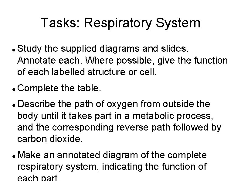 Tasks: Respiratory System Study the supplied diagrams and slides. Annotate each. Where possible, give