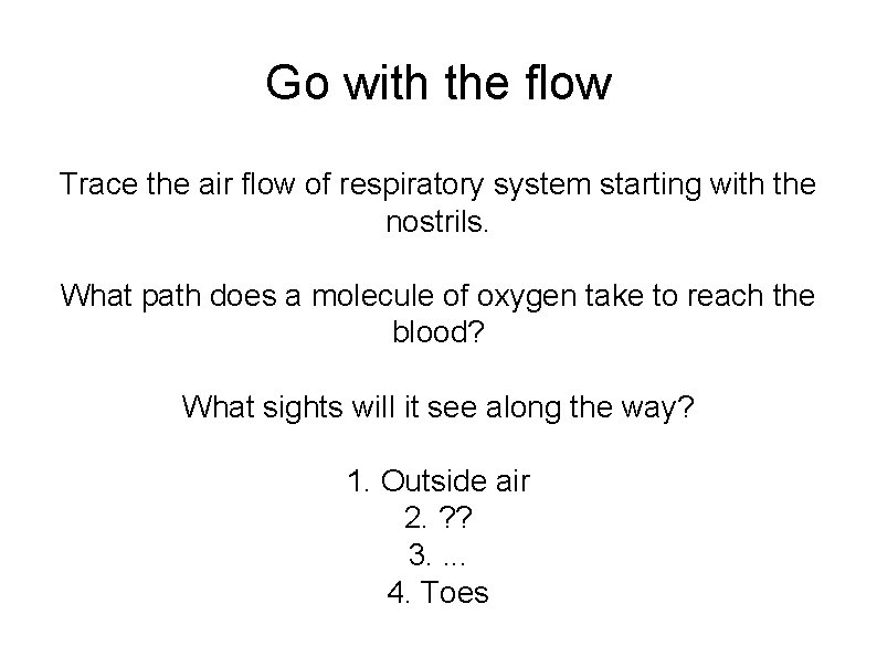 Go with the flow Trace the air flow of respiratory system starting with the