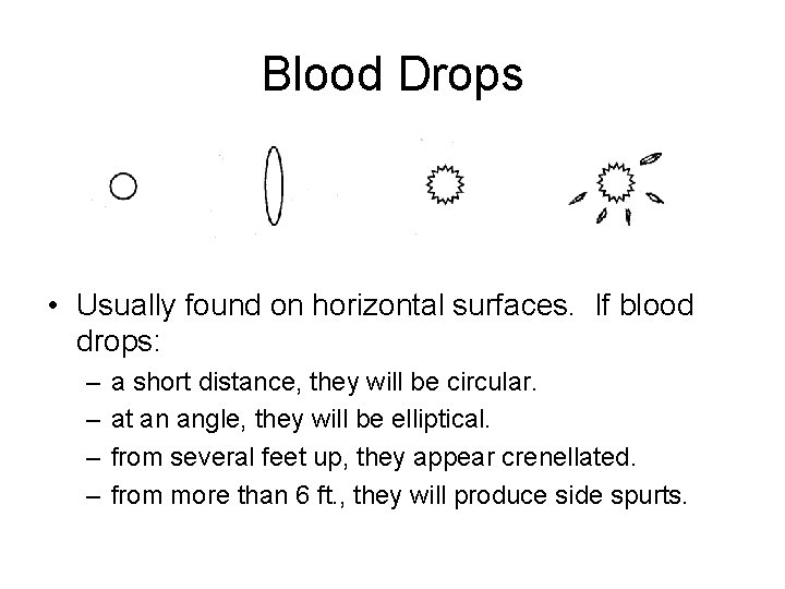 Blood Drops • Usually found on horizontal surfaces. If blood drops: – – a