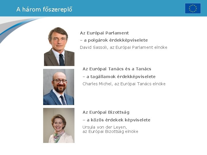 A három főszereplő Az Európai Parlament – a polgárok érdekképviselete David Sassoli, az Európai