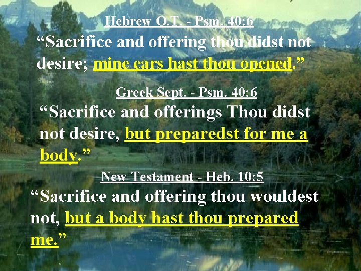 Hebrew O. T. - Psm. 40: 6 “Sacrifice and offering thou didst not desire;