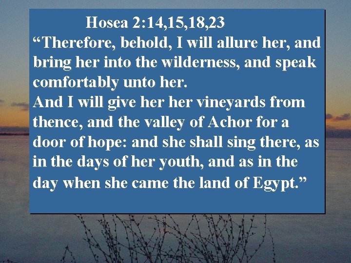 Hosea 2: 14, 15, 18, 23 “Therefore, behold, I will allure her, and bring