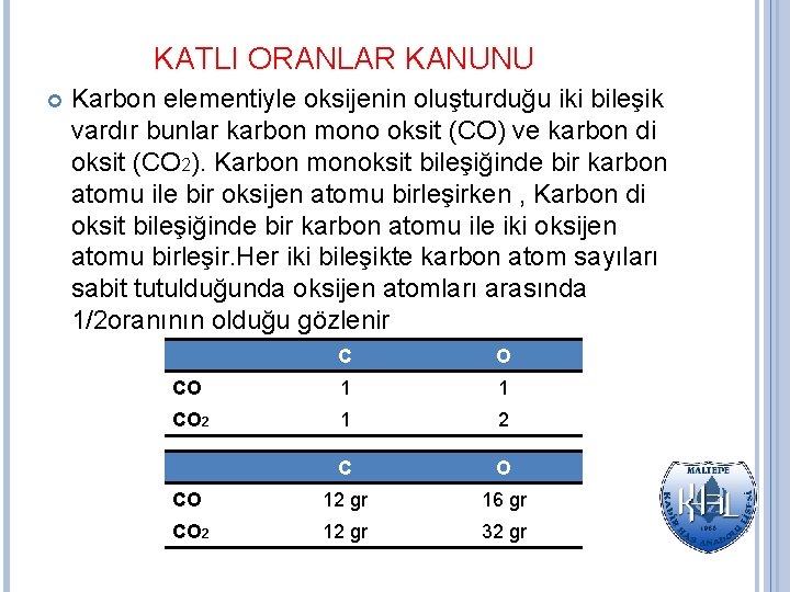 KATLI ORANLAR KANUNU Karbon elementiyle oksijenin oluşturduğu iki bileşik vardır bunlar karbon mono oksit