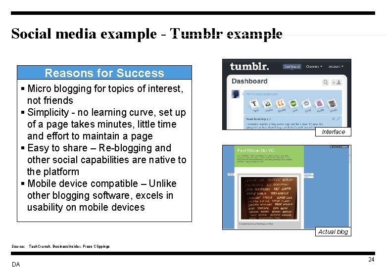 Social media example - Tumblr example Reasons for Success § Micro blogging for topics