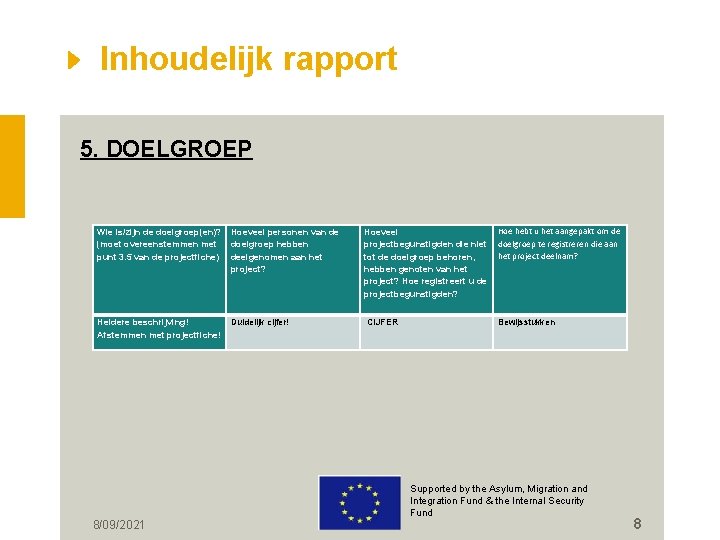 Inhoudelijk rapport 5. DOELGROEP Wie is/zijn de doelgroep(en)? (moet overeenstemmen met punt 3. 5