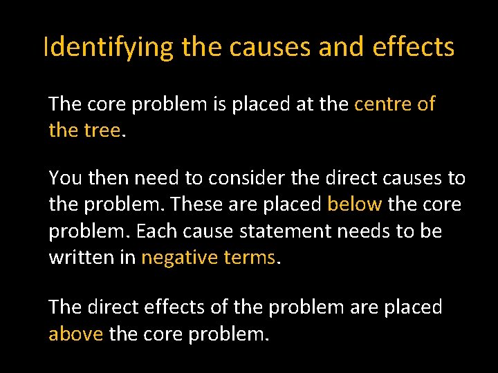 Identifying the causes and effects The core problem is placed at the centre of