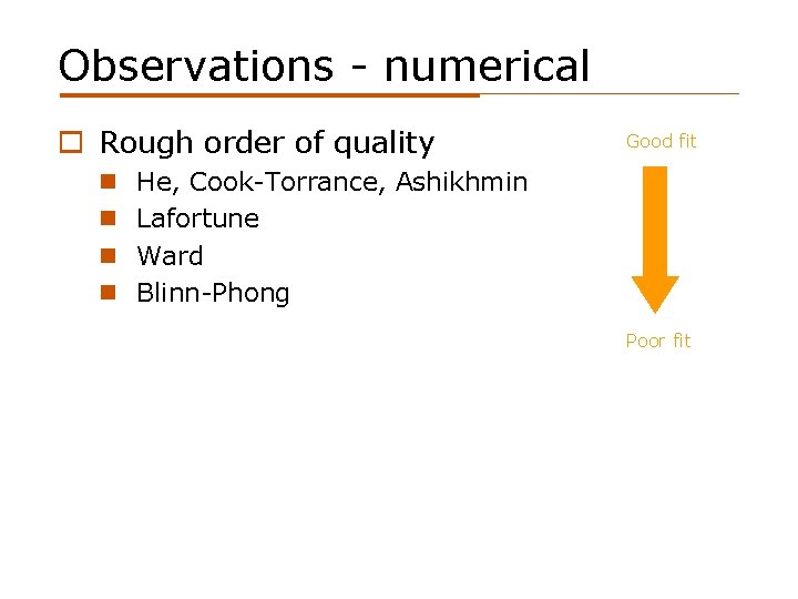 Observations - numerical o Rough order of quality n n Good fit He, Cook-Torrance,