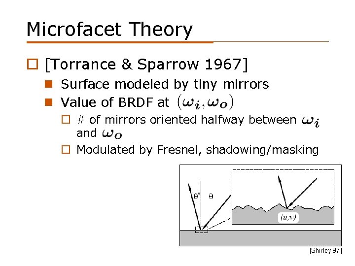Microfacet Theory o [Torrance & Sparrow 1967] n Surface modeled by tiny mirrors n