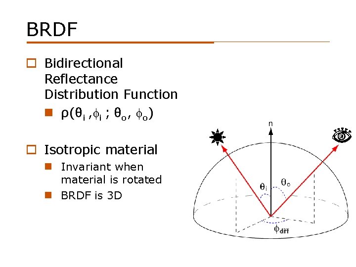 BRDF o Bidirectional Reflectance Distribution Function n ρ(θi , i ; θo, o) o