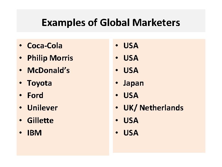 Examples of Global Marketers • • Coca-Cola Philip Morris Mc. Donald’s Toyota Ford Unilever