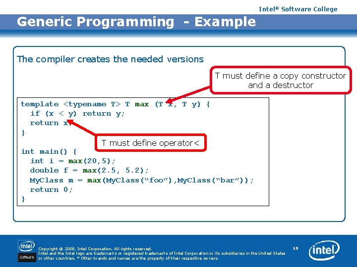 Intel® Software College Generic Programming - Example The compiler creates the needed versions T