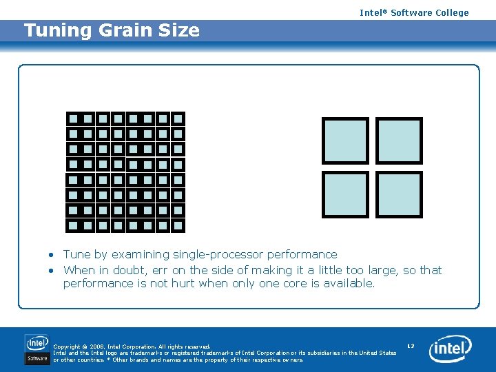 Intel® Software College Tuning Grain Size too fine scheduling overhead dominates too coarse lose