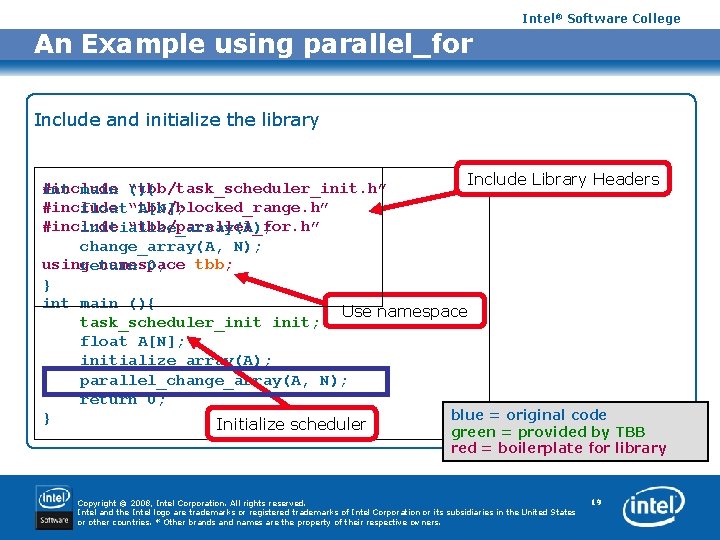 Intel® Software College An Example using parallel_for Include and initialize the library Include Library