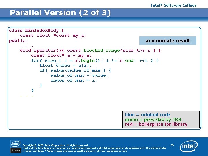 Intel® Software College Parallel Version (2 of 3) class Min. Index. Body { const