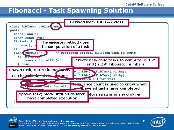 Intel® Software College Fibonacci - Task Spawning Solution Derived from TBB task class Fib.