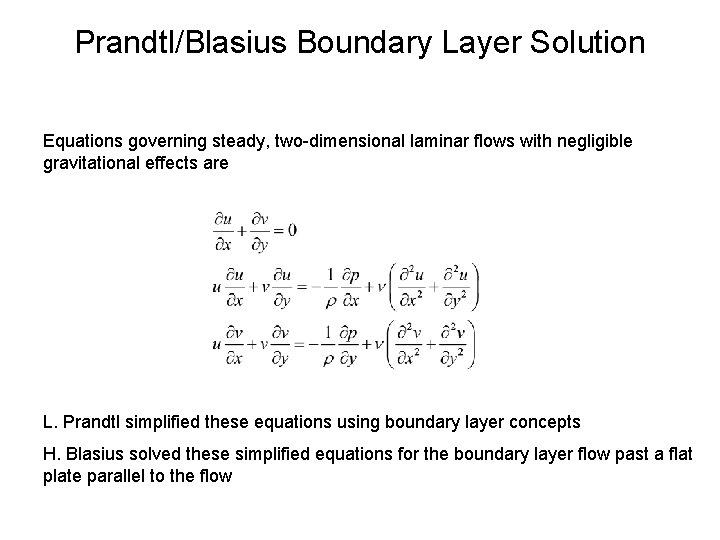 Prandtl/Blasius Boundary Layer Solution Equations governing steady, two-dimensional laminar flows with negligible gravitational effects
