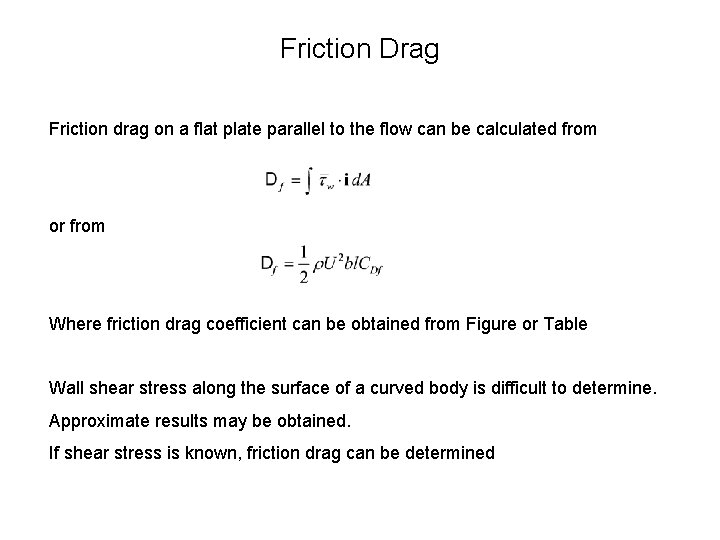 Friction Drag Friction drag on a flat plate parallel to the flow can be