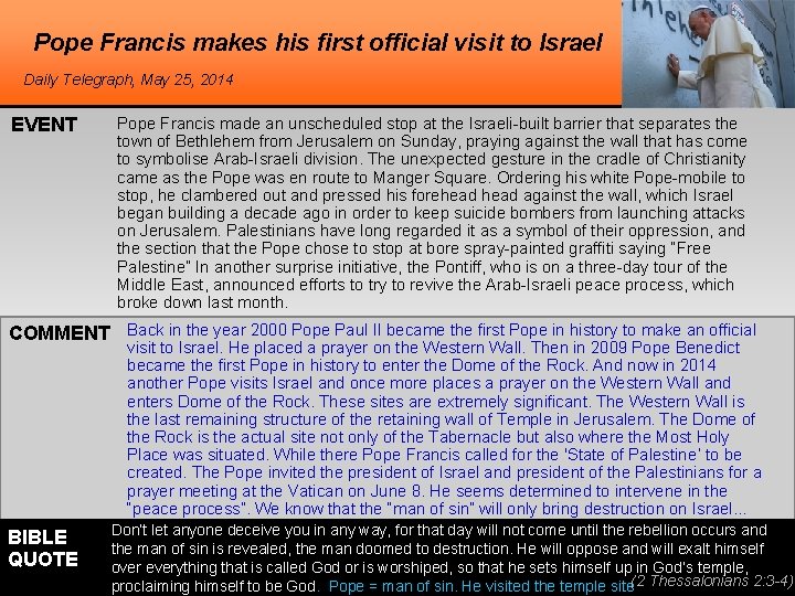 Pope Francis makes his first official visit to Israel Daily Telegraph, May 25, 2014