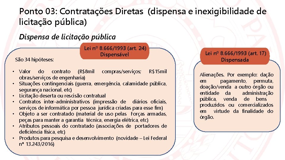 Ponto 03: Contratações Diretas (dispensa e inexigibilidade de licitação pública) Dispensa de licitação pública